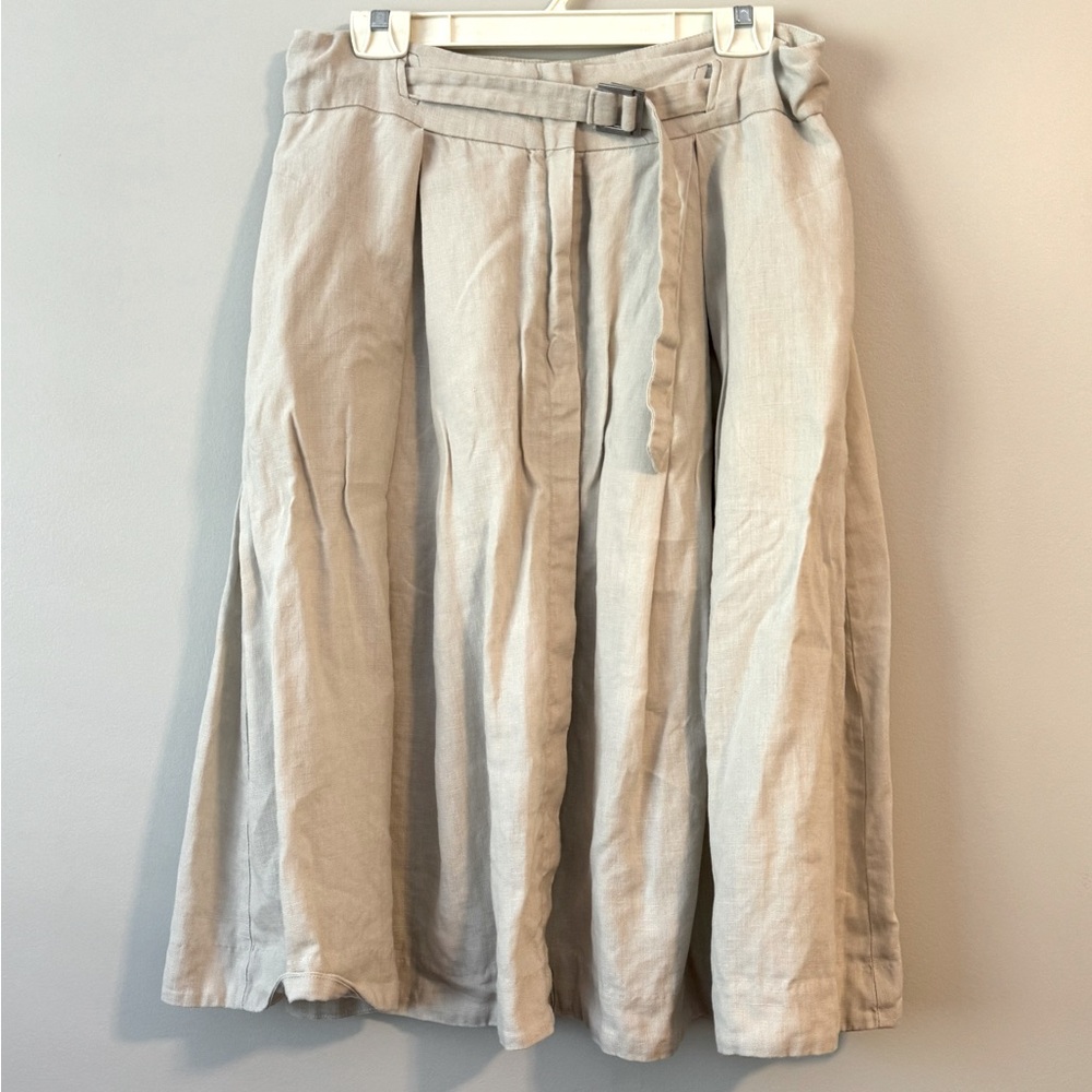 Kenar Linen Pleated A-Line Adjustable Belt Skirt Front zipper & Pockets Size 10
